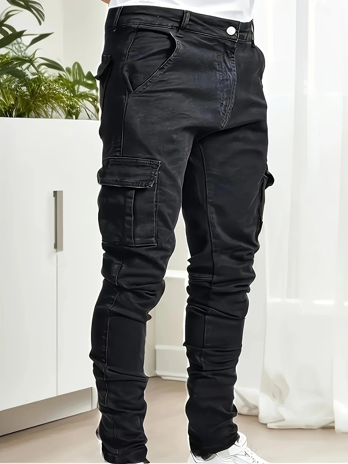 Men's workwear multi pocket jeans, casual street style straight leg denim pants