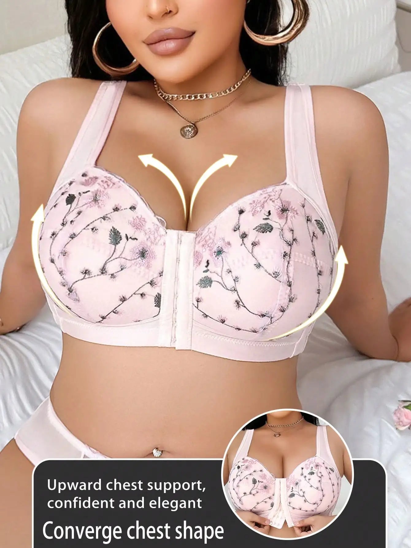 Plus Size Floral Embroidered Front Closure Wireless Bra with Lift Support