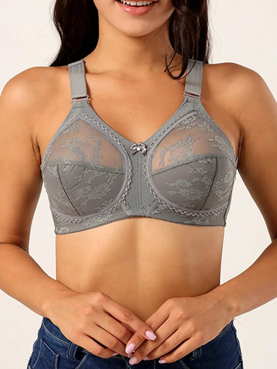 Black Lace Full Coverage Bra with Sheer Panels and Adjustable Straps