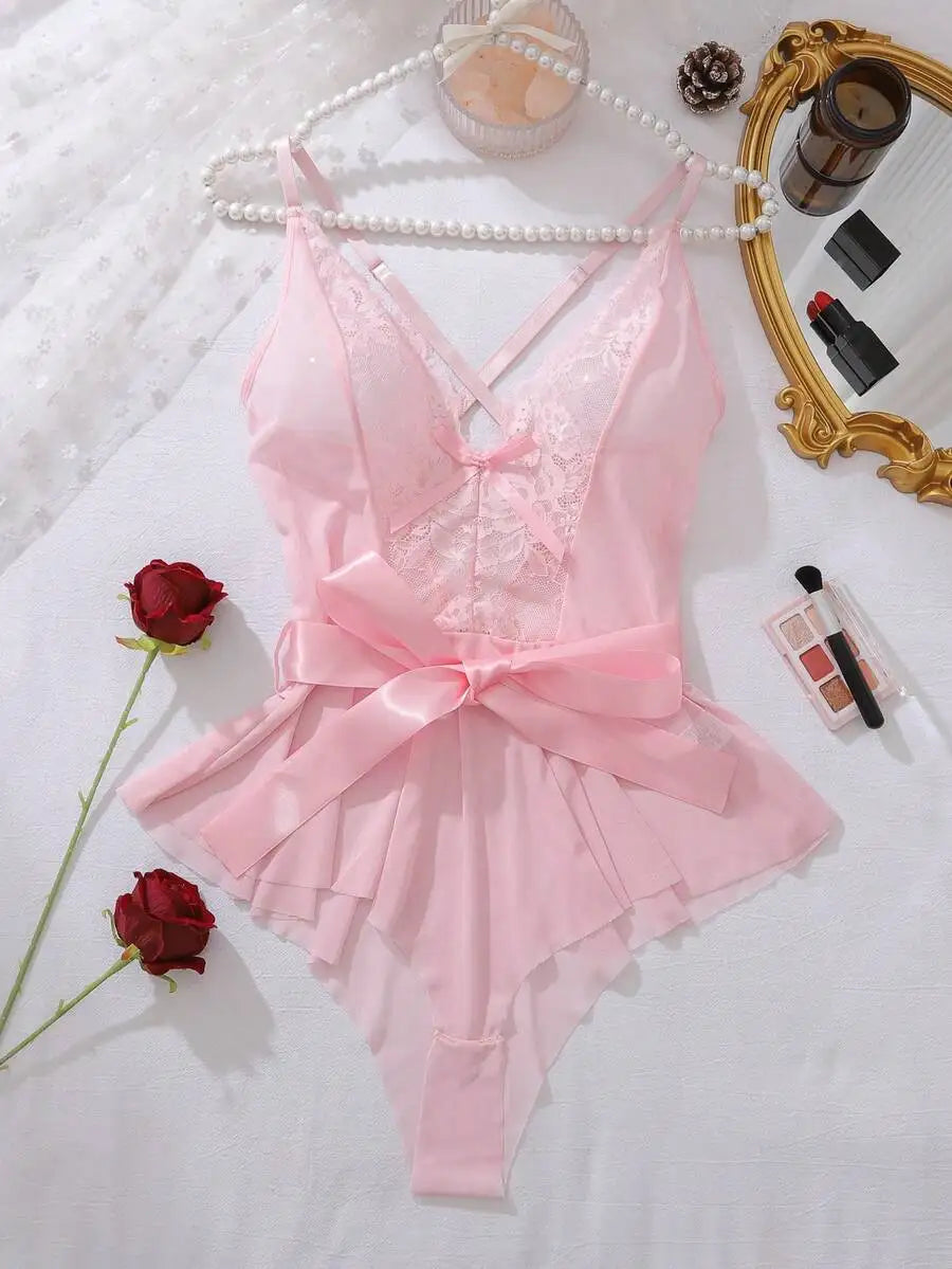 Pink Lace Mesh Teddy with Bow Front and Ruffle Hem