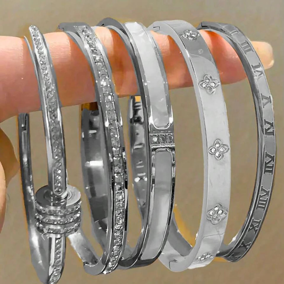 5/1pcs Sparkling Zirconia Inlaid Stainless Steel Bracelet Set for Women Stackable Bangles Fashion Non Fading Jewelry Gift