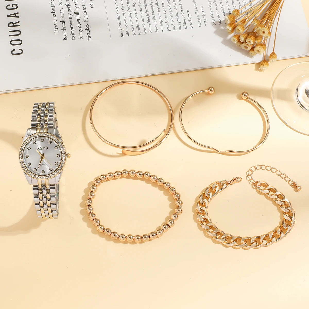 No gift box New style steel strap light luxury fashion quartz wristwatch   pearl string bracelet 5 pieces set