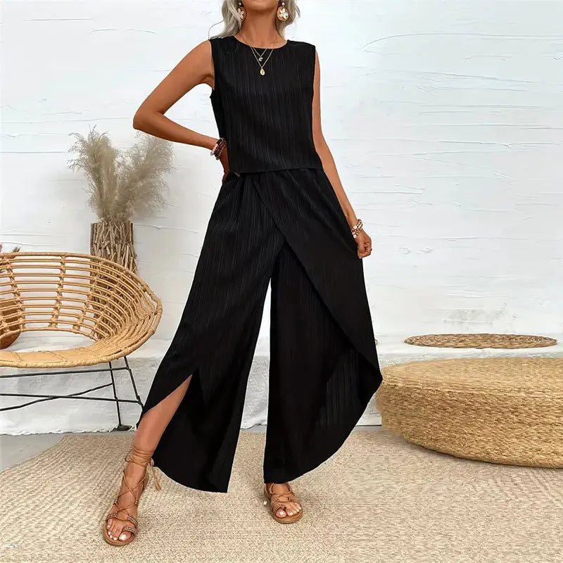 Women's Sleeveless Crewneck Top & Wide Leg Pants Set