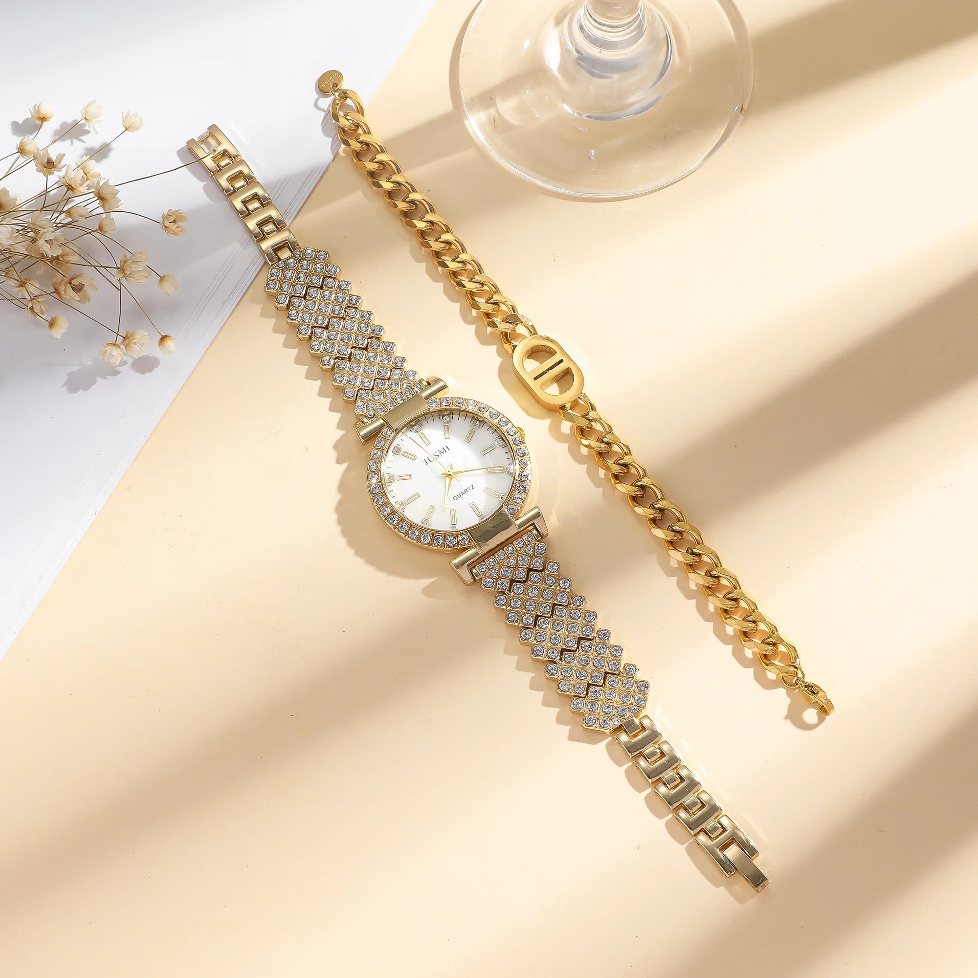 2pcs/set Simple round diamond inlaid ladies quartz watches simple bracelet jewelry sets suitable for holiday gifts