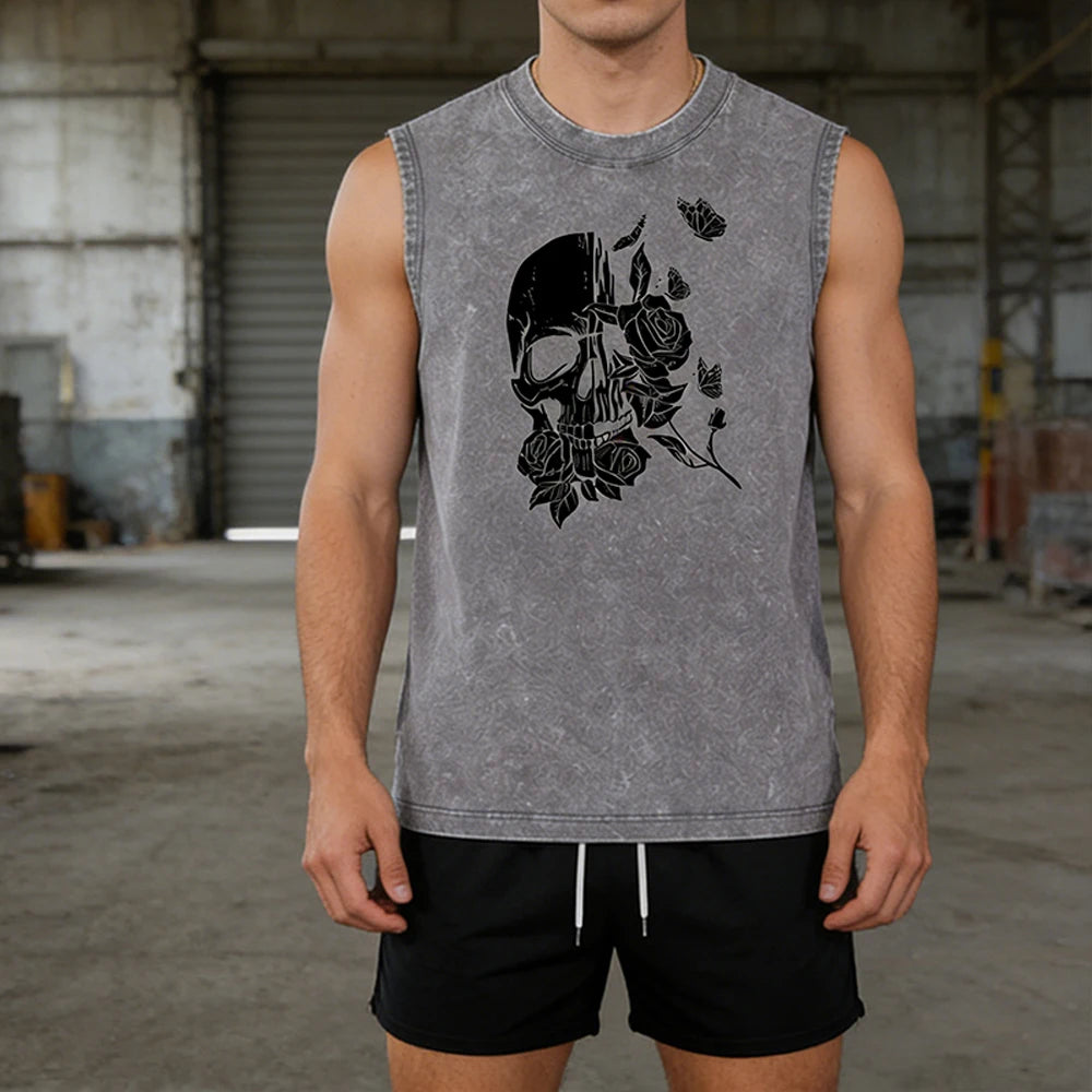 Summer Men's Casual Outfit Black Vintage Washed Tank Top & Quick Dry Double-Layer Beach Shorts Set Skull & Roses Graphic Print