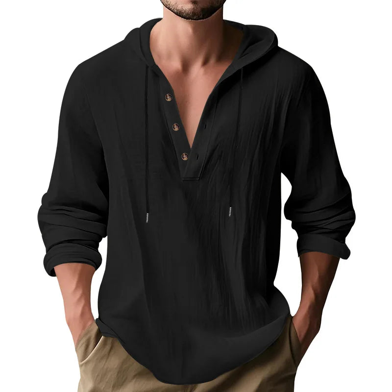 Men's Long Sleeve Tops Drawstring Hoodies Casual Cotton Linen Solid Color Casual Shirts Loose Pullover Sweatshirts Coat Outwear
