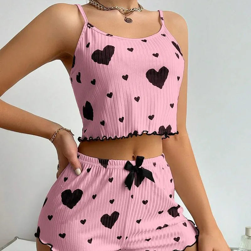 Women's Heart Print Pajama Shorts Set