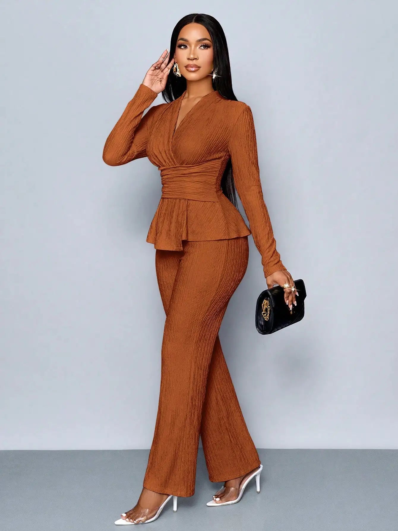 Women's V-neck Peplum Top & Wide Leg Pants Set