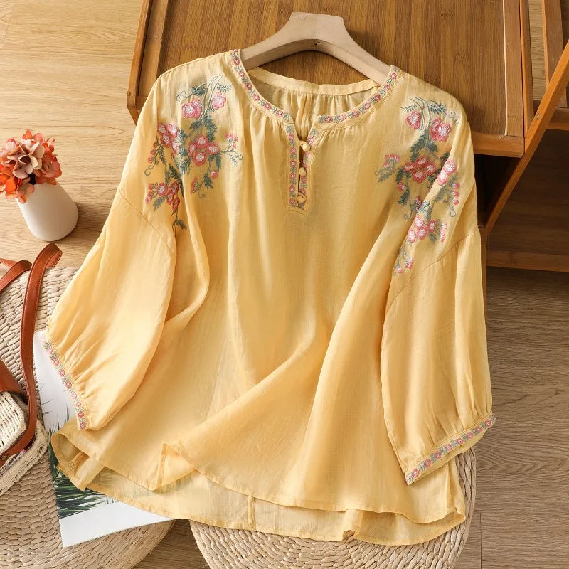 Women's Floral Embroidered cotton Linen Top