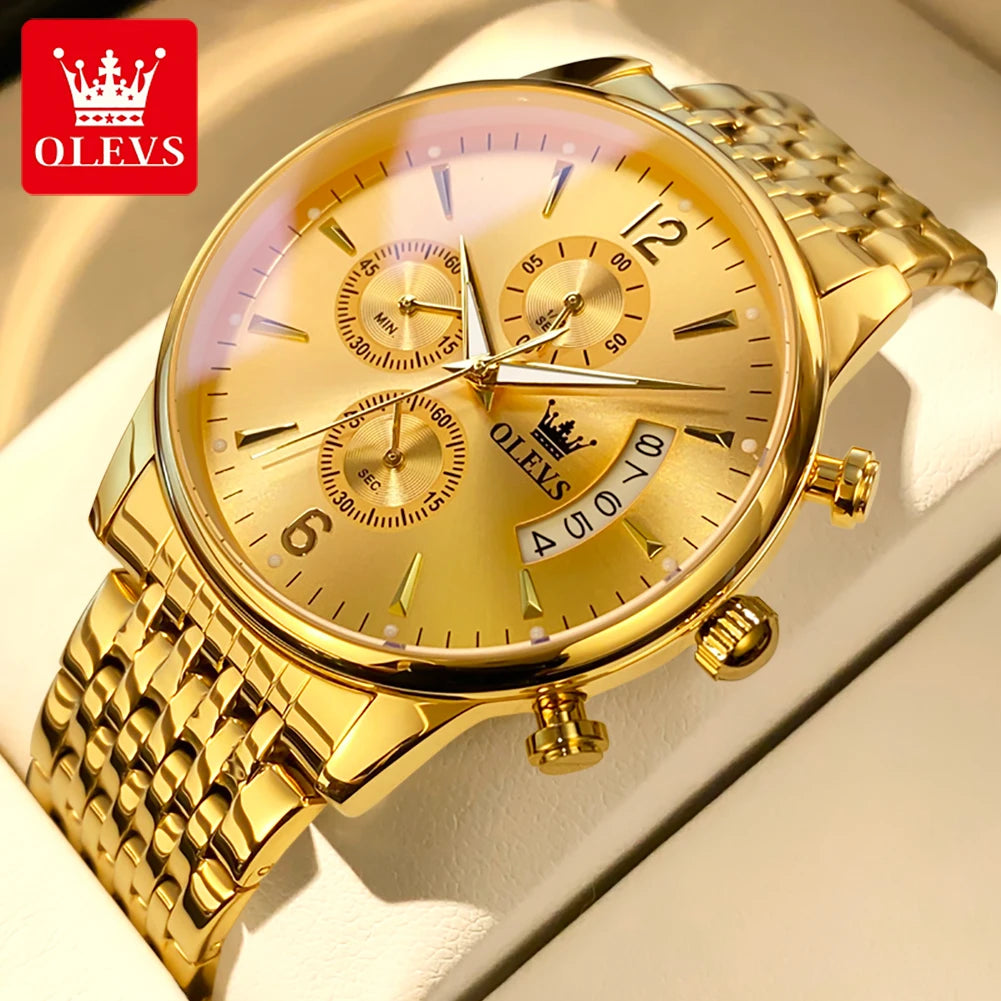 OLEVS luxury brand men's watches Chronograph waterproof date Gold luminous quartz watch for man Original wristwatch with the box