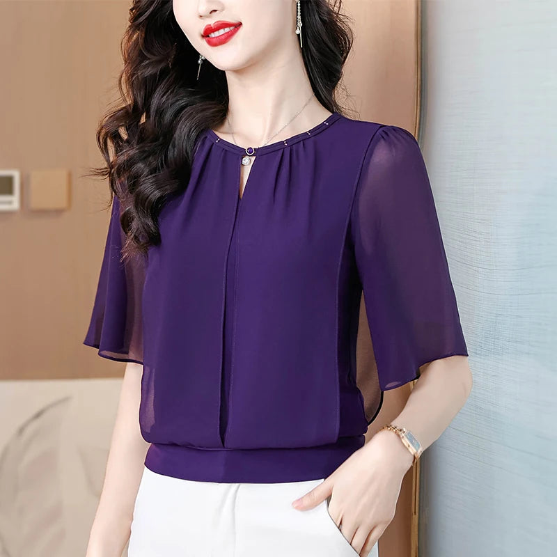 Summer Clothing Half Sleeve Chiffon Blouse 2025 New Fashion Loose Women Tops Solid Color Casual Pullovers Shirt