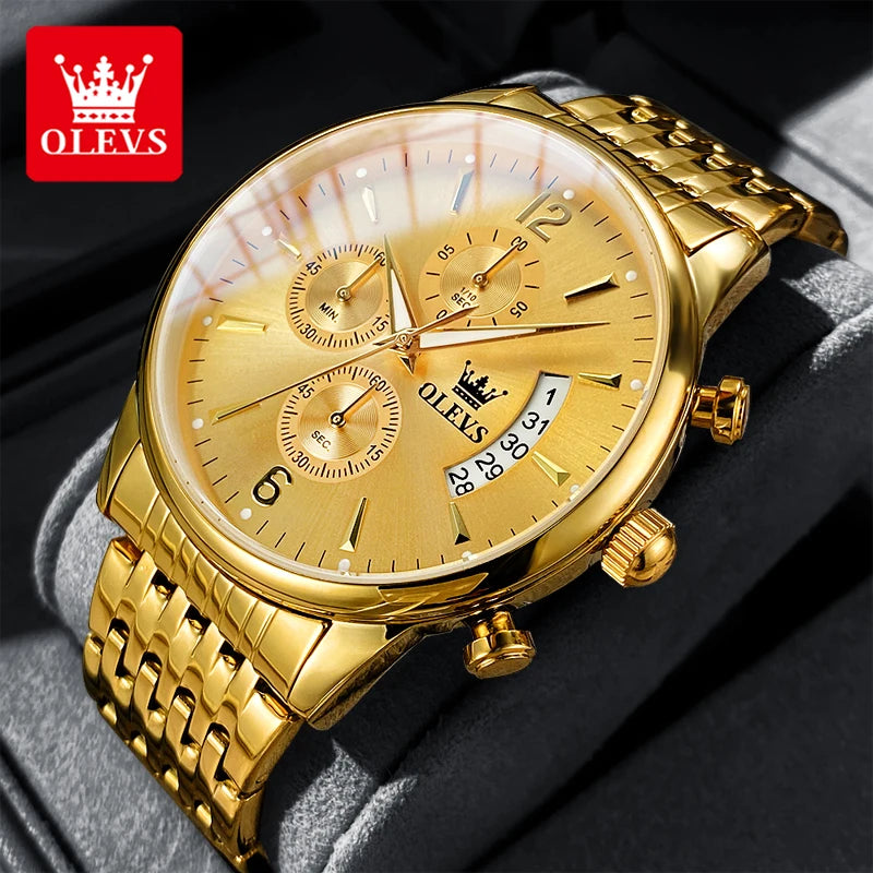 OLEVS luxury brand men's watches Chronograph waterproof date Gold luminous quartz watch for man Original wristwatch with the box