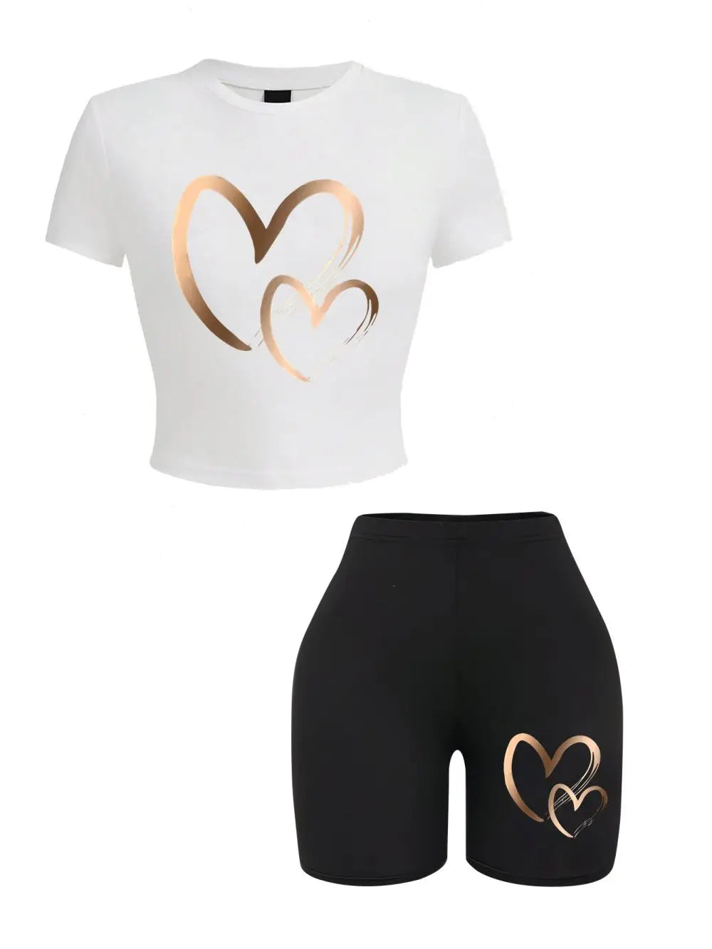 Women’s Heart Print 2-Piece Activewear Set – Slim Fit Crop Top & Soft Shorts