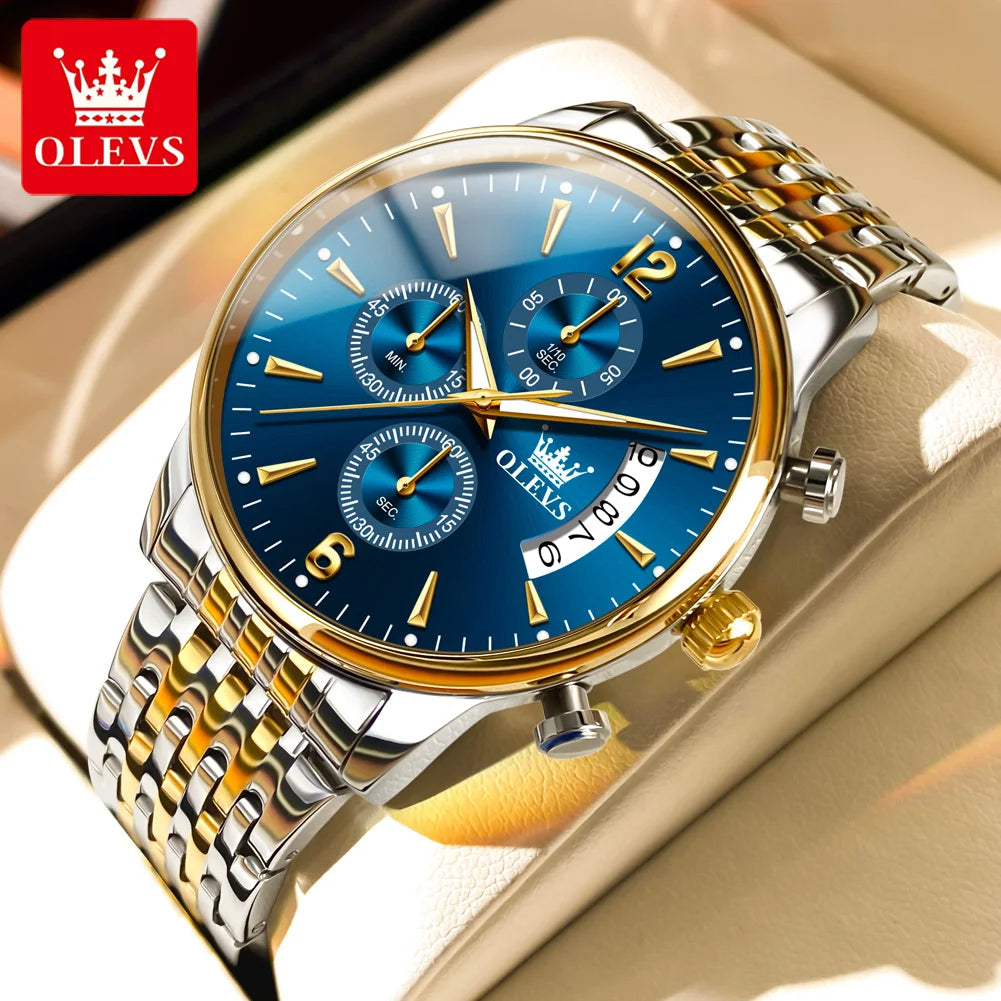 OLEVS luxury brand men's watches Chronograph waterproof date Gold luminous quartz watch for man Original wristwatch with the box