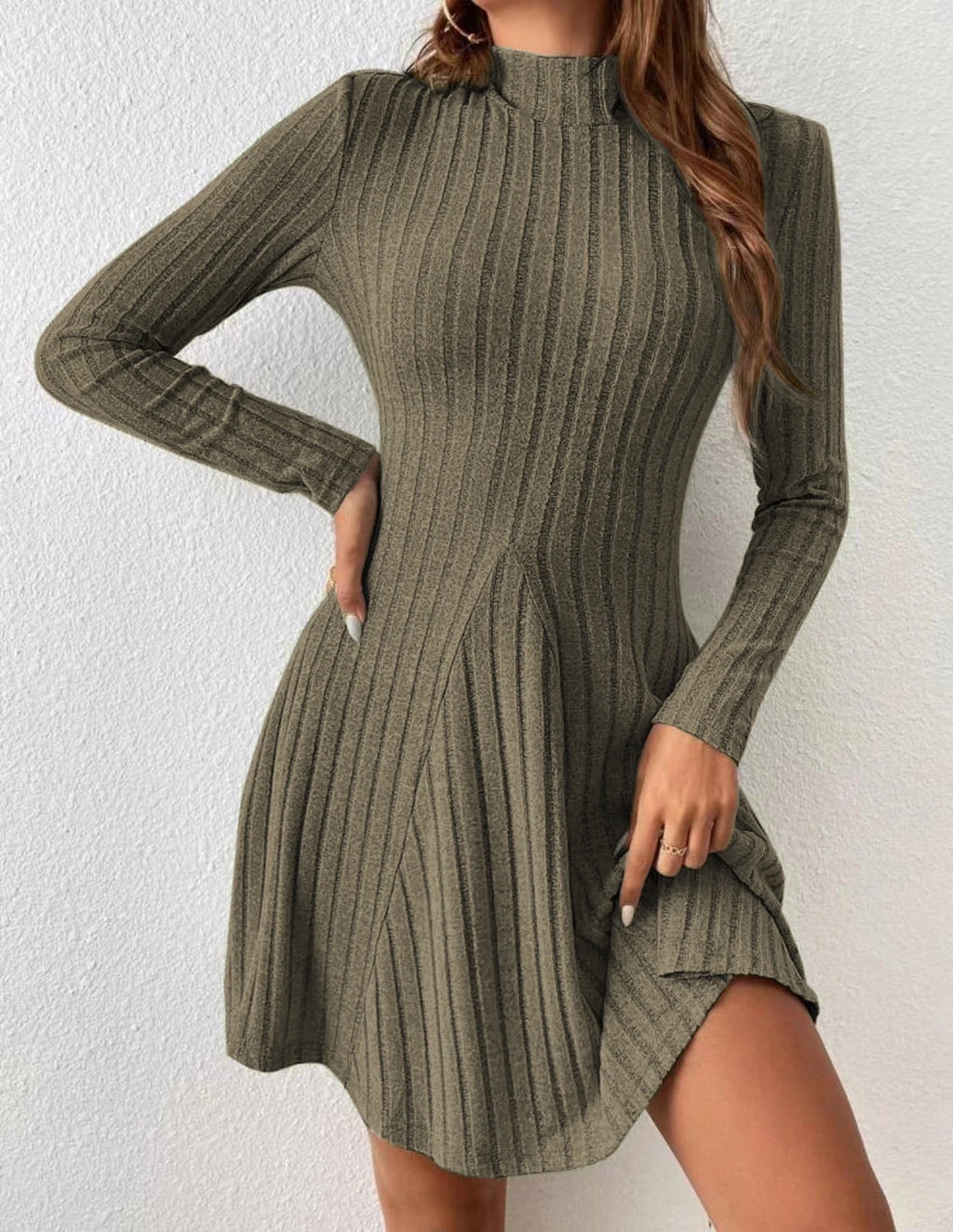 Women's slim fit half high collar waist cinched A-line skirt long sleeved pit stripe dress
