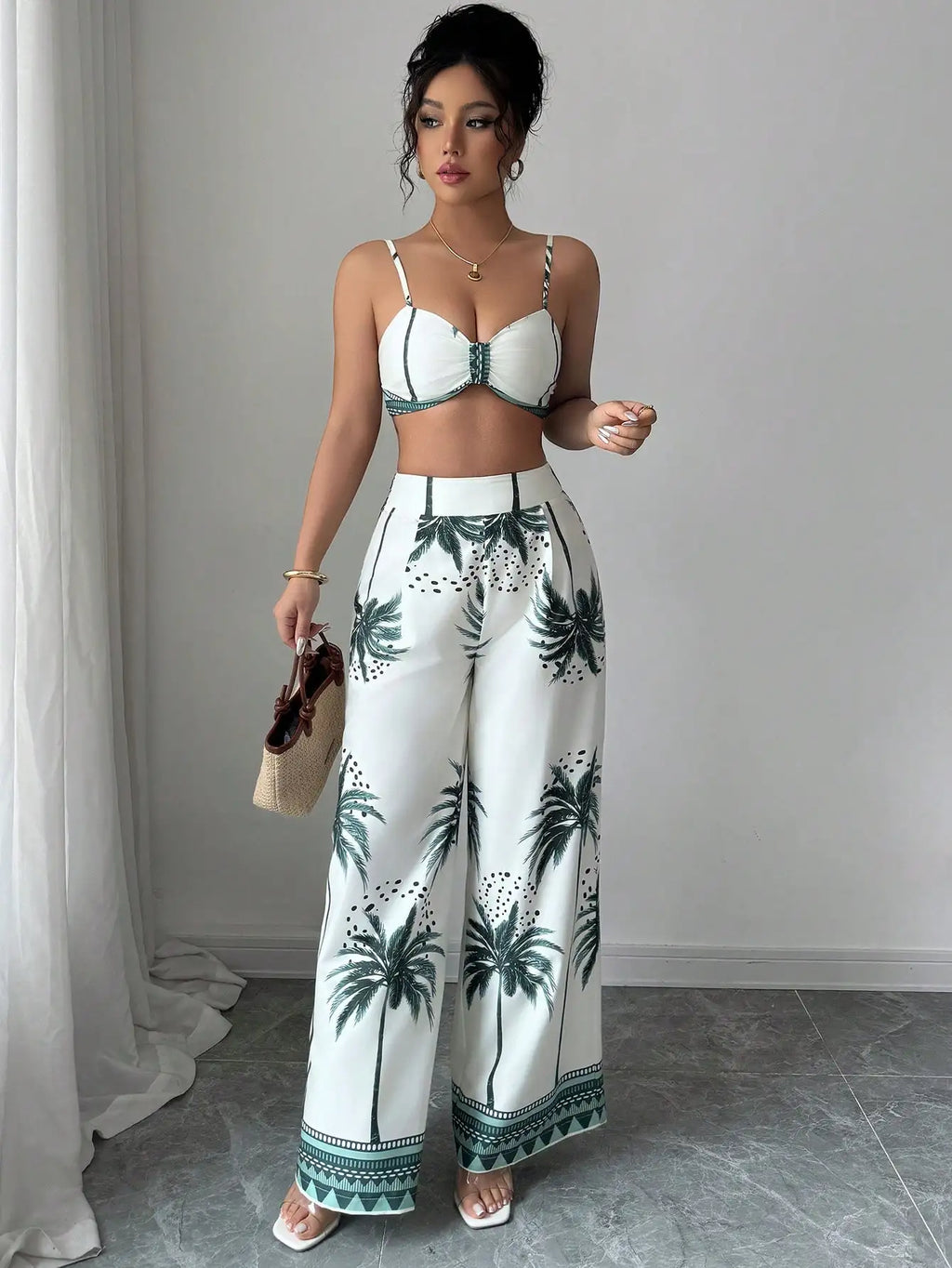 Women's Tropical Palm Print Two Piece Set