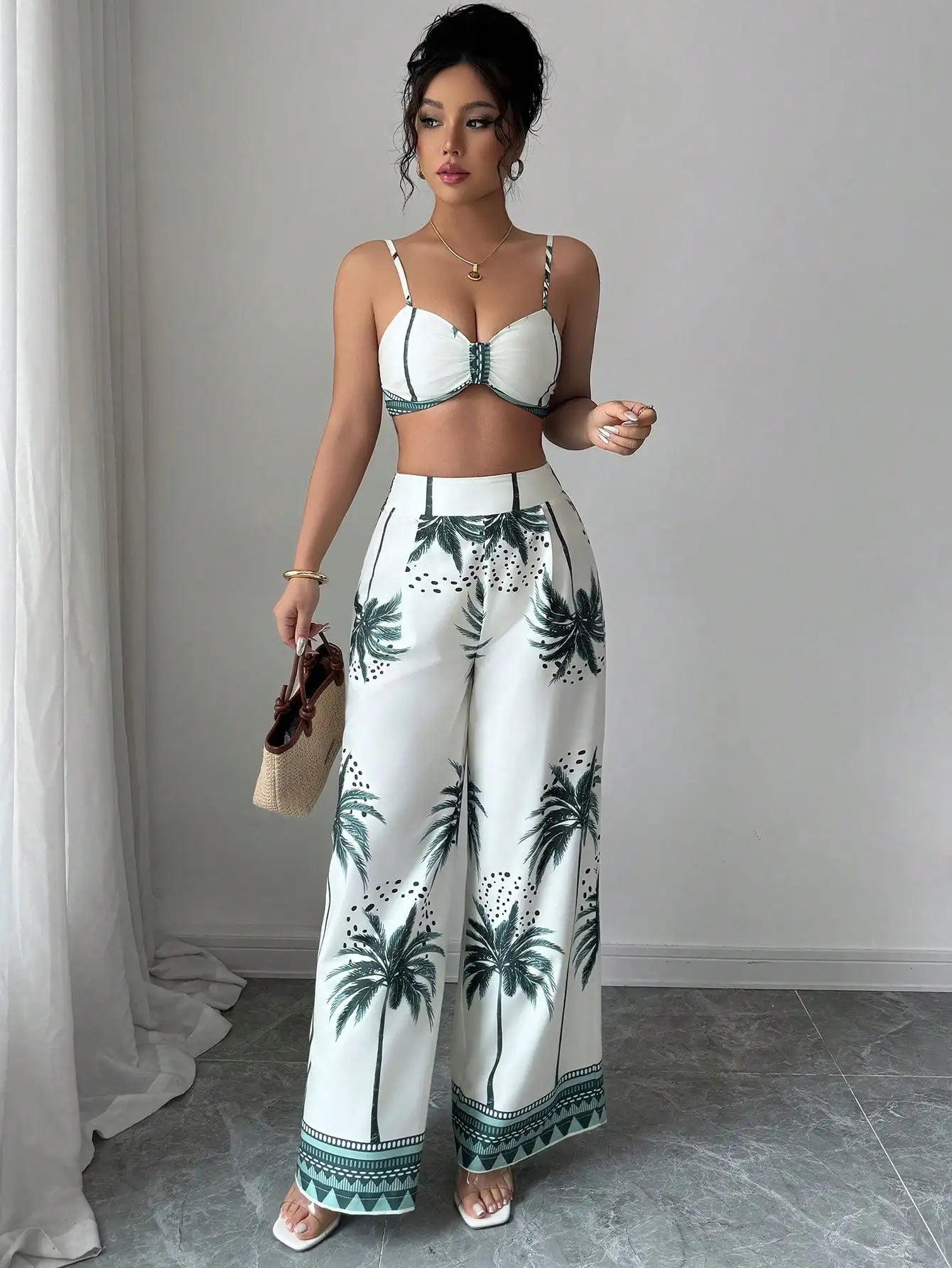 Women's Tropical Palm Print Two Piece Set