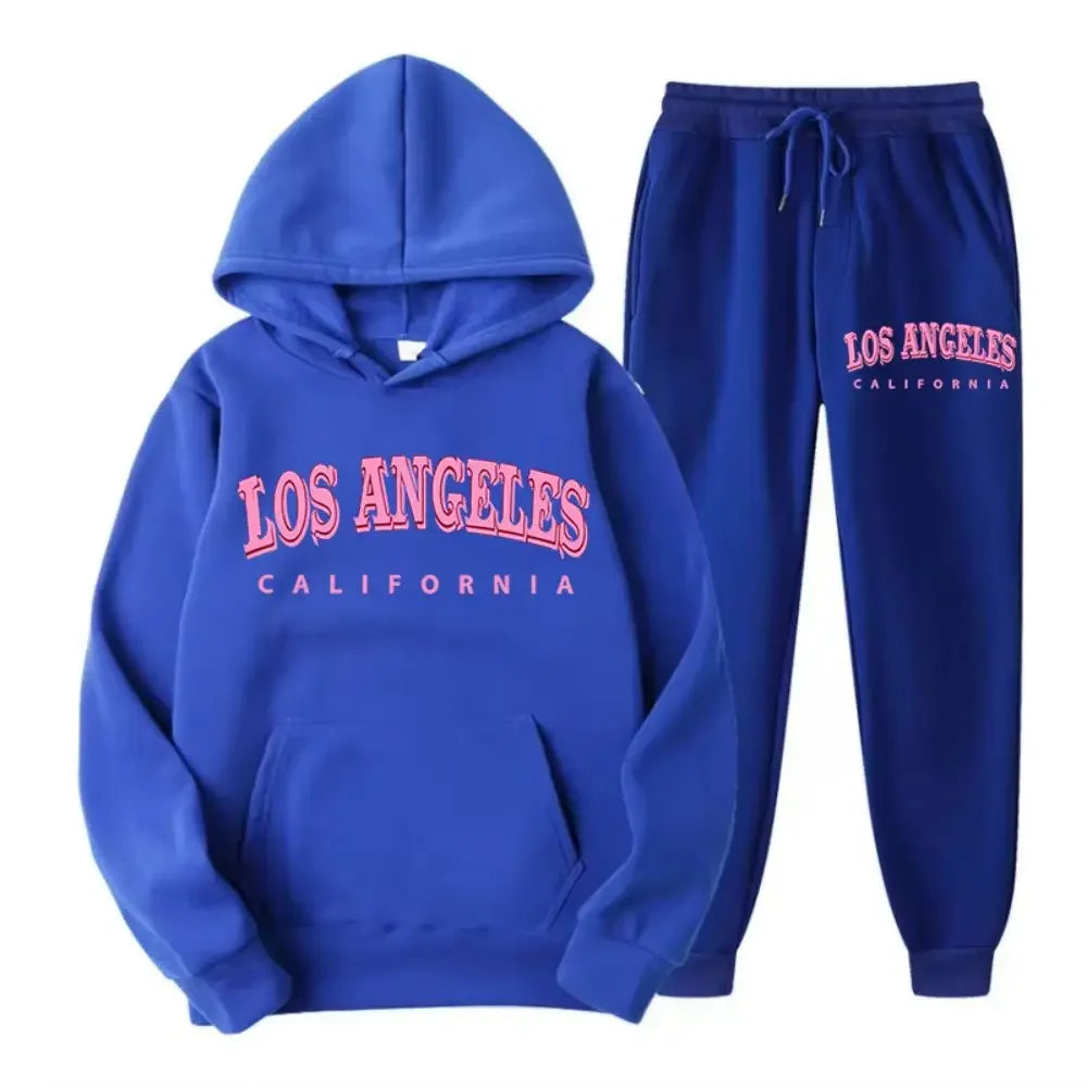 2025 Two-piece set for women, hoodie and fleece pants, loose-fitting pocket sweater, Los Angeles and California print clothing,