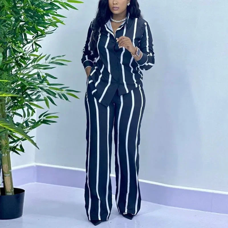Women's Striped Long Sleeve Two Piece Set