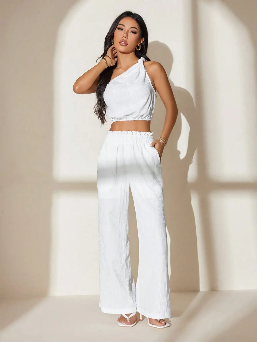 Women's One-Shoulder White Crop Top & Trousers Set