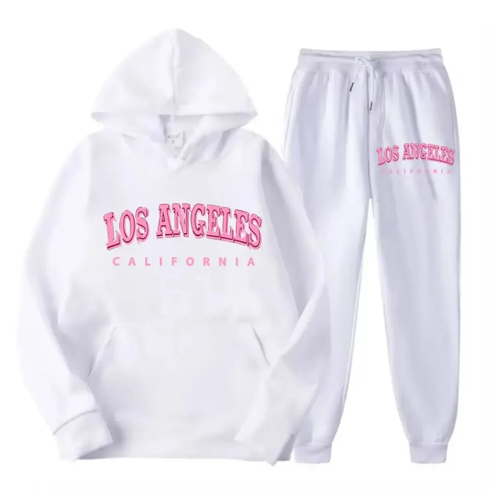 2025 Two-piece set for women, hoodie and fleece pants, loose-fitting pocket sweater, Los Angeles and California print clothing,