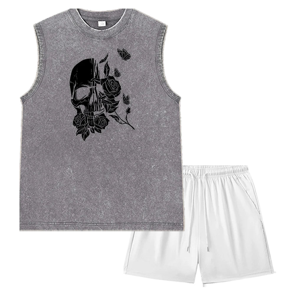 Summer Men's Casual Outfit Black Vintage Washed Tank Top & Quick Dry Double-Layer Beach Shorts Set Skull & Roses Graphic Print
