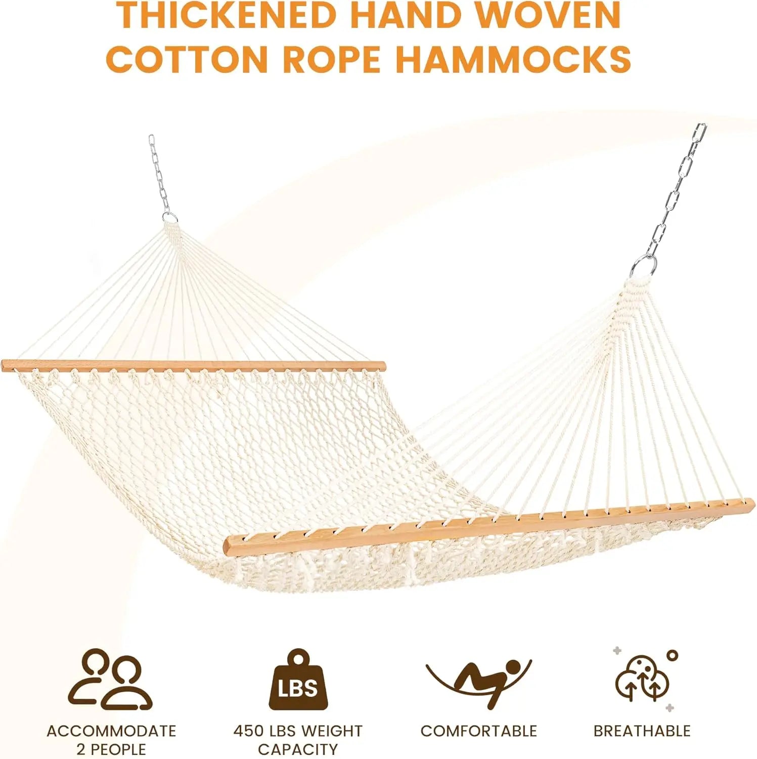 Double Rope Hammock for 2 Persons, Hand Woven Cotton with Spreader Bar and Straps, Max 450 Lbs, Natural Outdoor