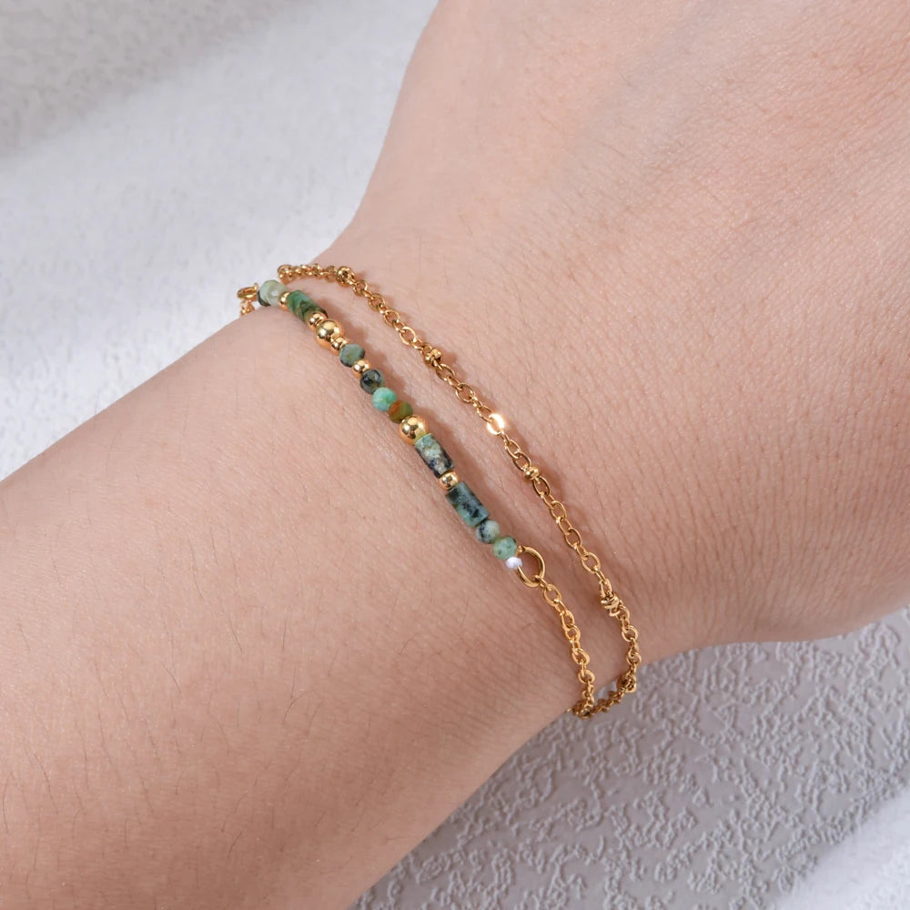 Thin Boho 18K Gold PVD Plated Stainless Steel Chain Bracelets for Women Charm Lapis Lazuli Turquoise Natural Stone Jewelry Gift