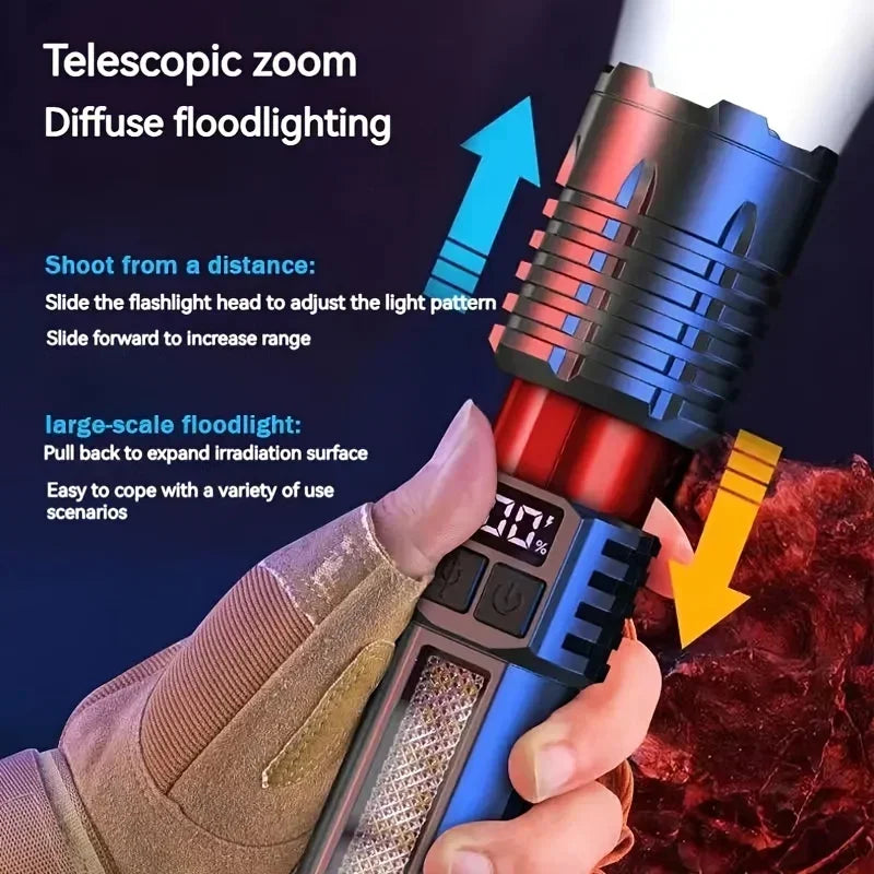 High Power LED Flashlight Portable Zoom Torch Type-C Rechargeable Waterproof Light with COB Side Lamp for Outdoor Camping Hiking