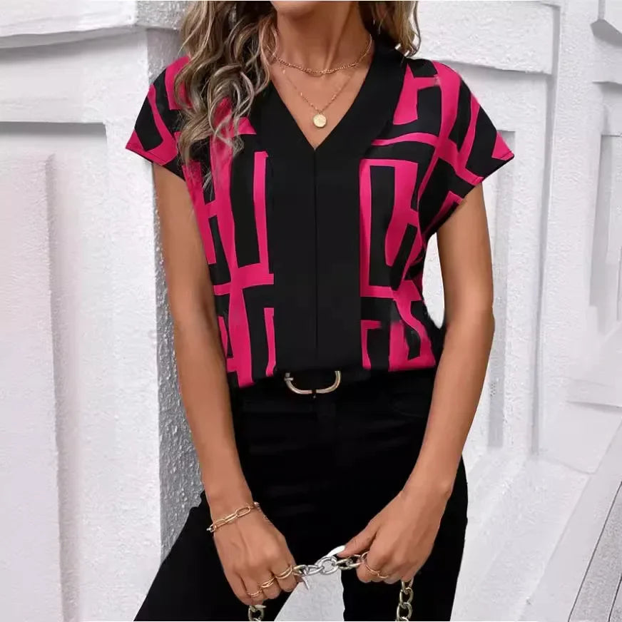 Women's Geometric Print V-Neck Blouse