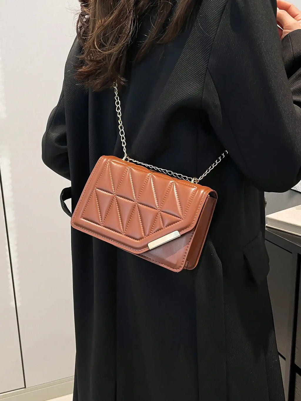 Brown Quilted Square Chain Strap Crossbody Bag for Women