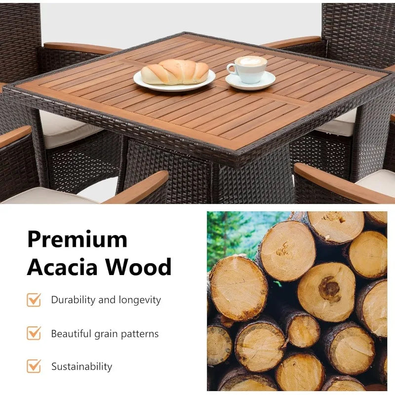 5 Piece Patio Wicker Dining Sets For 4, Water-Resistant Rattan Outdoor Dining Table And 4 Chairs With Wood Table Top