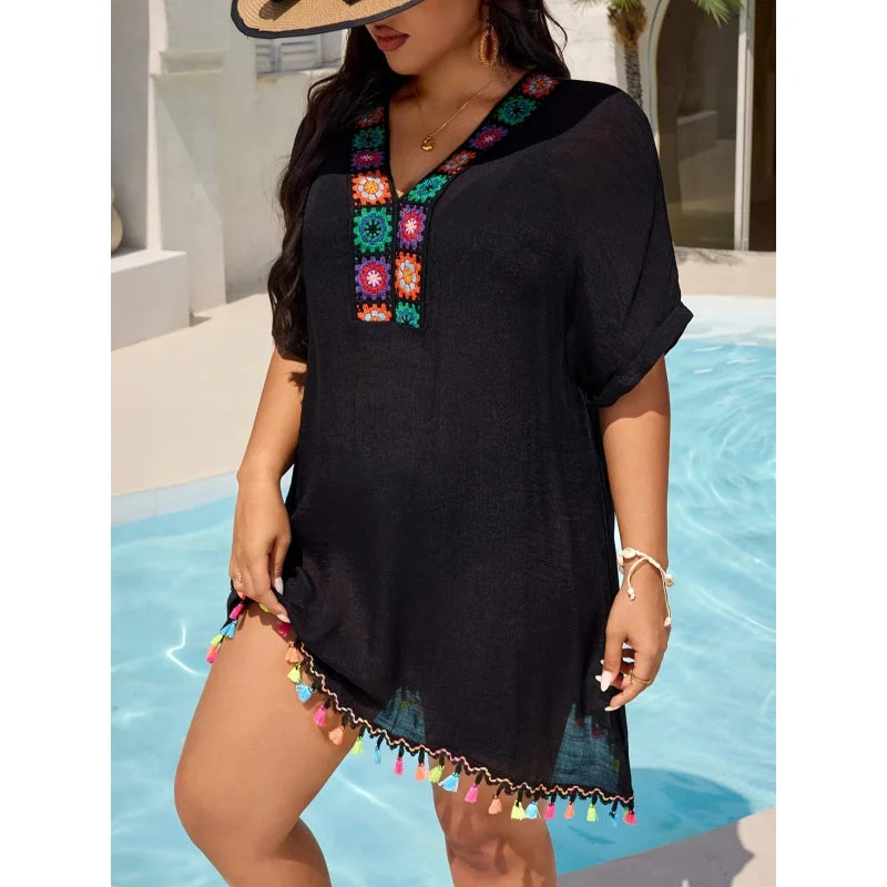 Women's Plus Size Bohemian Crochet Beach Cover-Up Dress