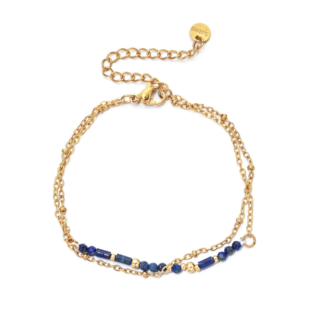 Thin Boho 18K Gold PVD Plated Stainless Steel Chain Bracelets for Women Charm Lapis Lazuli Turquoise Natural Stone Jewelry Gift