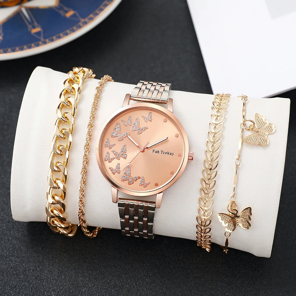 No gift box Fashion women's steel strap watch leisure butterfly diamond face quartz watch   butterfly jewelry 5 piece set