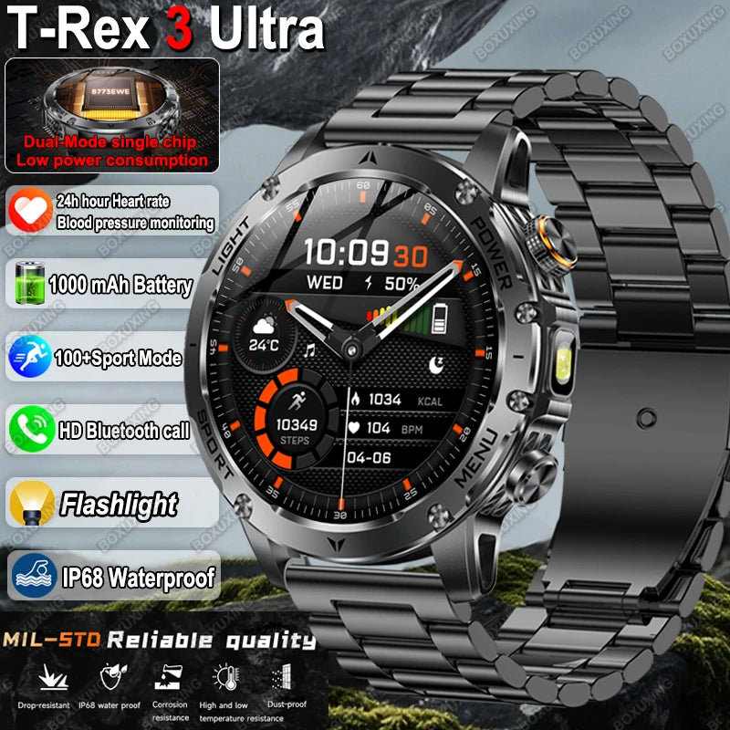 New Military T-Rex 3 Ultra 1000mAh Battery Smart Watch IP68 Waterproof Fitness Track Flashlight Heart Rate Sports Smartwatch Men