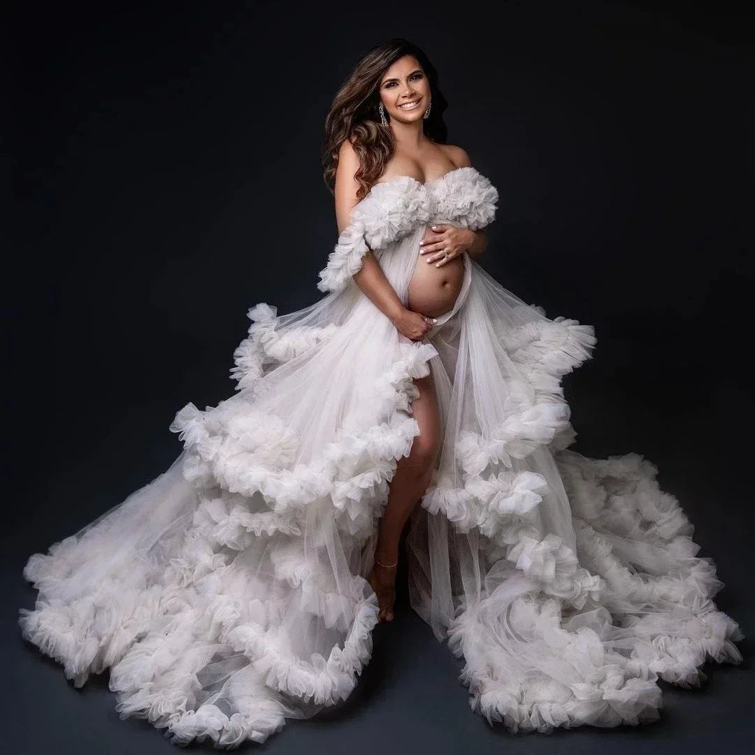 Maternity Dresses Customized Photoshoot Tiered Ruffles Pregnant Women Gowns Baby Shower Off Shoulder Front Slit Bridal Sleepwear