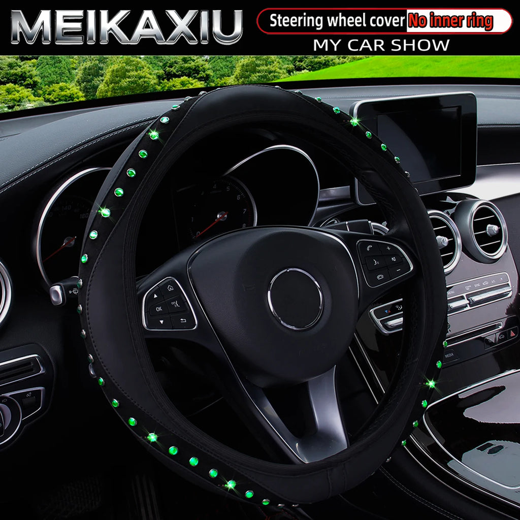 Blingbling New PU Leather Steering Wheel Cover for Women with Artificial Gemstones Car Decorative Item Rimless