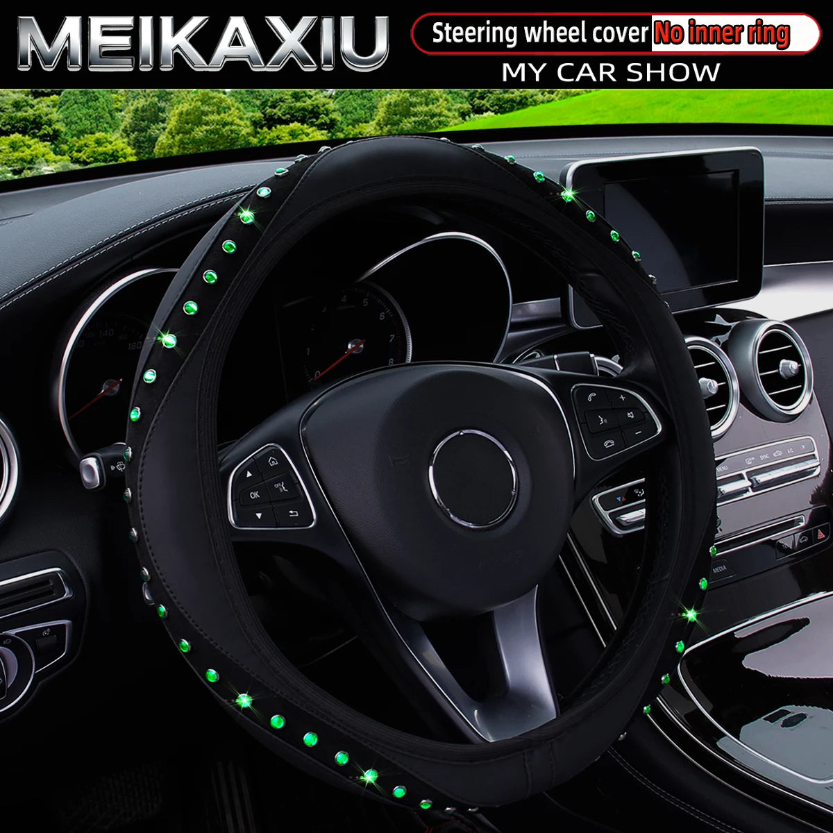 Blingbling New PU Leather Steering Wheel Cover for Women with Artificial Gemstones Car Decorative Item Rimless