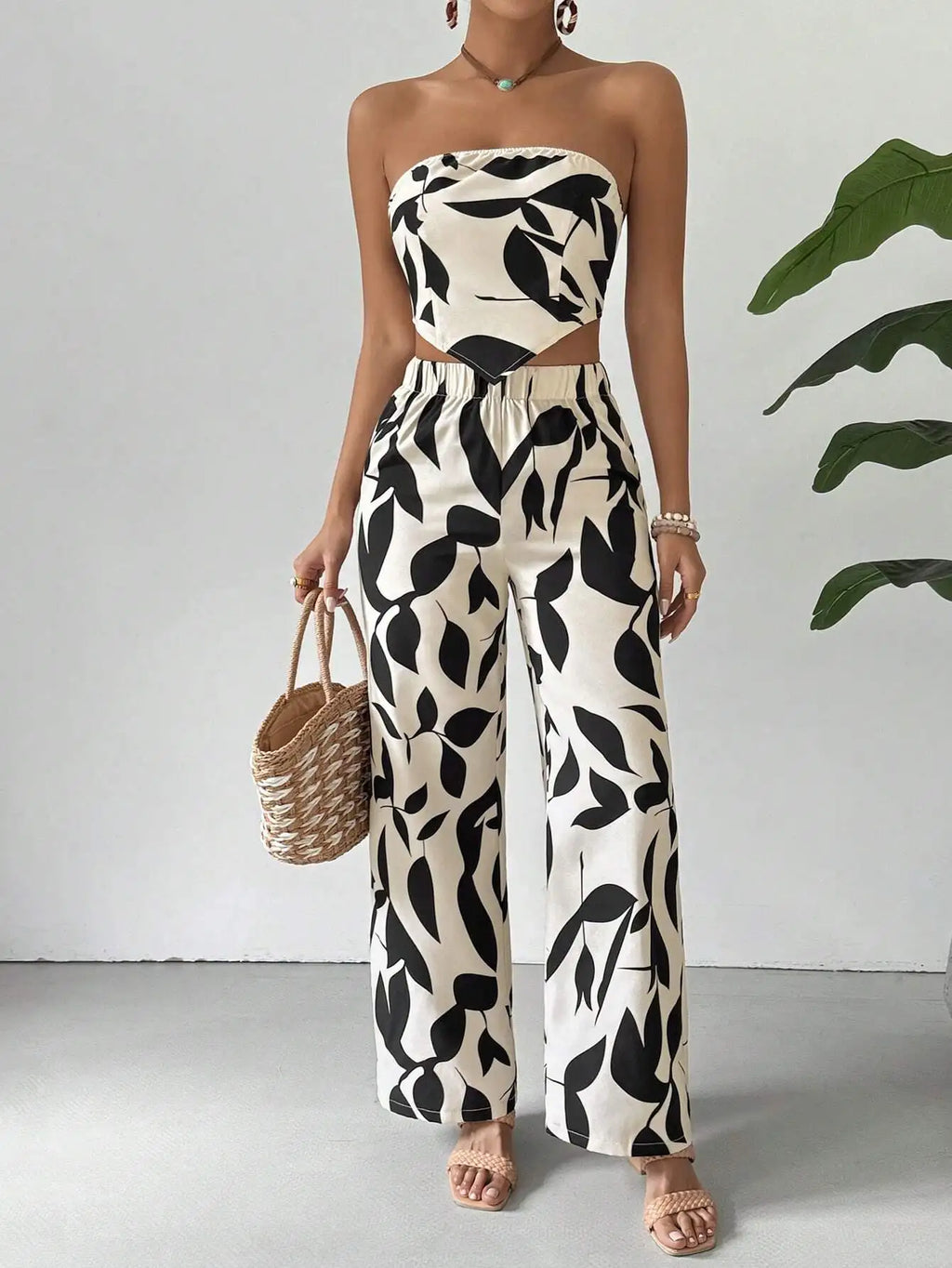 Leaf Print Strapless Crop Top & Wide Leg Pants Set