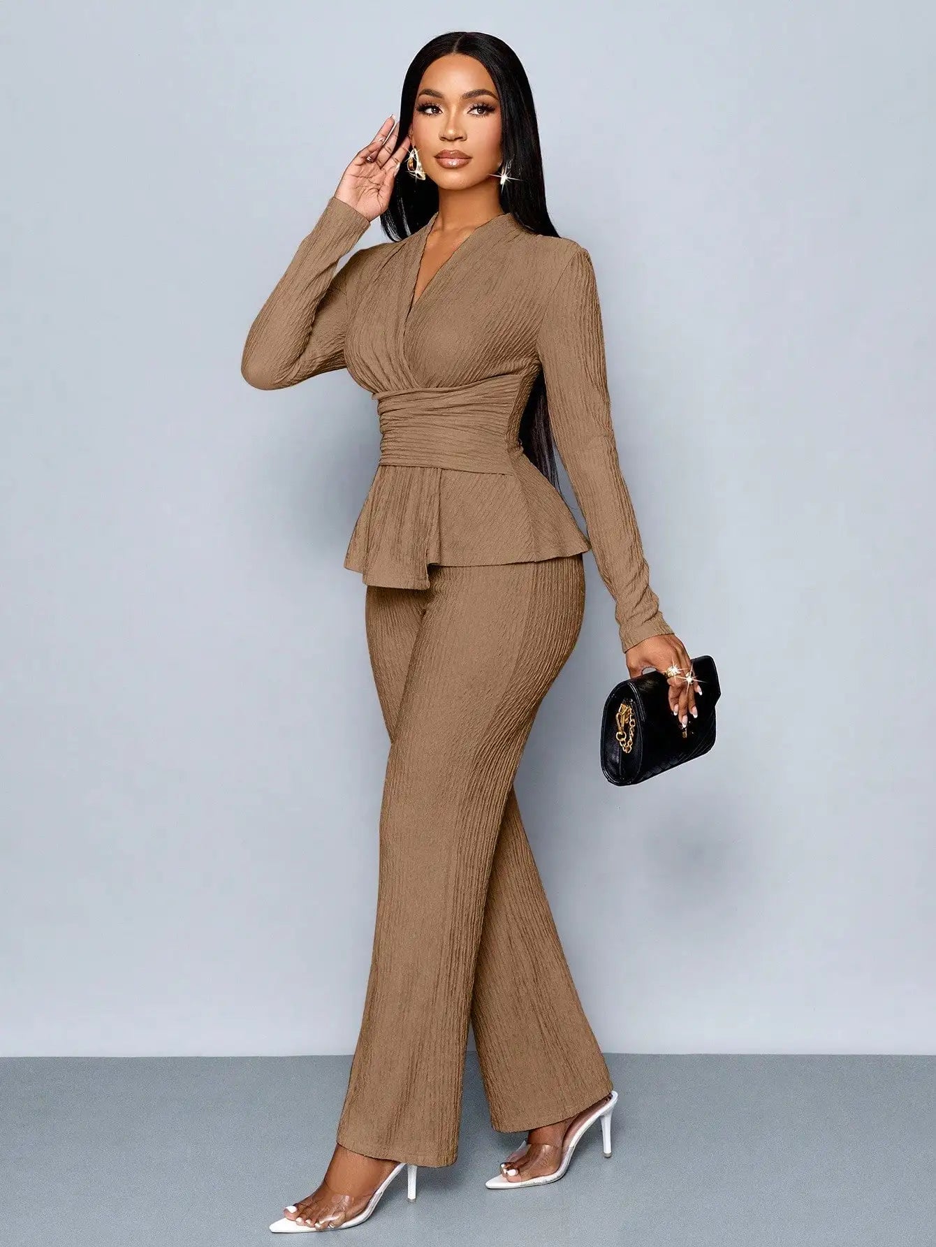 Women's V-neck Peplum Top & Wide Leg Pants Set