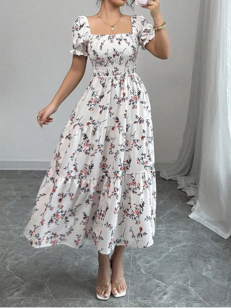 Women's Floral Puff Sleeve Maxi Dress