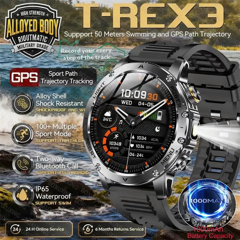 2025 New Military T-Rex 3 Ultra 1000mAh Battery Smart Watch IP68 Waterproof Flashlight Heart Rate Sports tracker Smartwatch Men