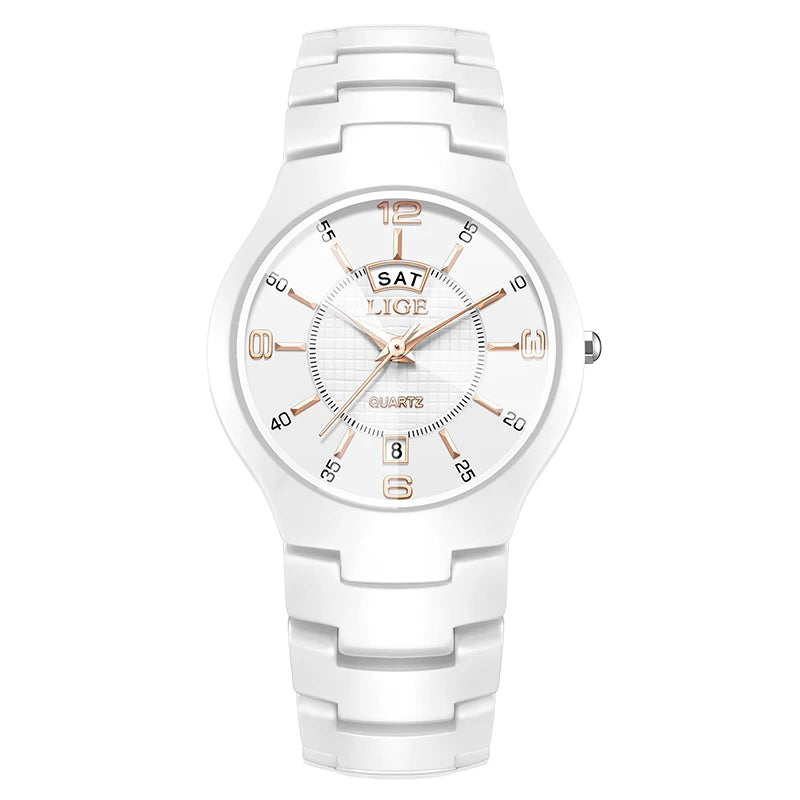 LIGE Luxury Elegant Quartz Women Watches Fashion Ceramics Small Dial Ladies Watch Date Week Display Woman Wristwatch Reloj Mujer