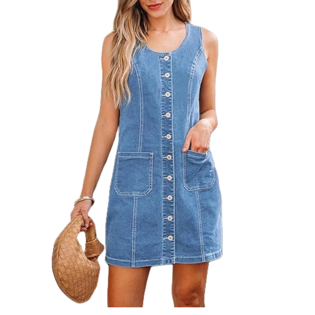 Women’s Sleeveless Denim Mini Dress with Pockets