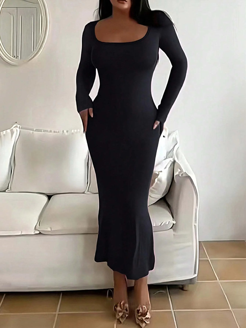 Women's Long Sleeve Scoop Neck Bodycon Maxi Dress