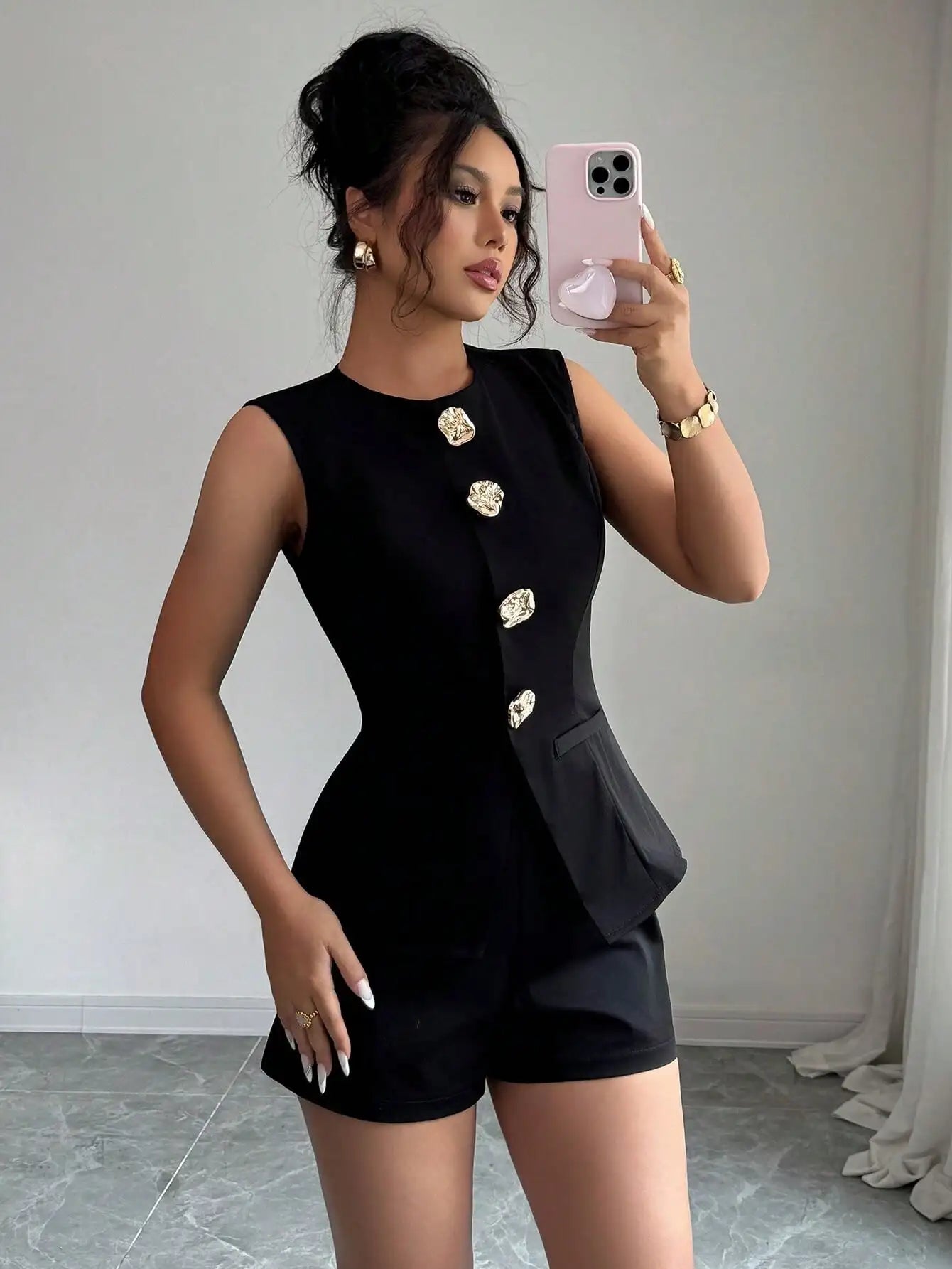 Women's Sleeveless Two-Piece Set with Gold Buttons & Peplum Waist