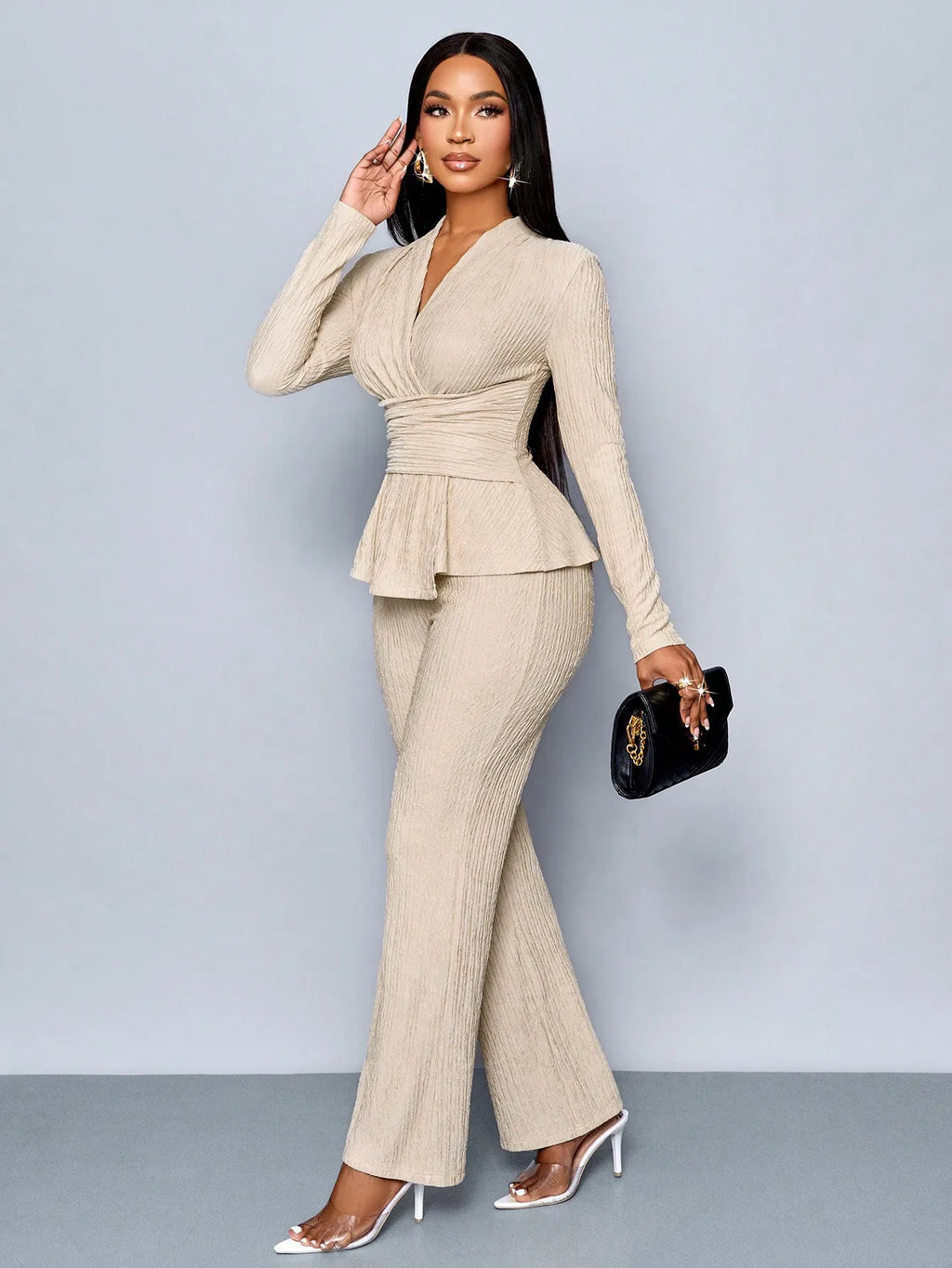 Women's V-neck Peplum Top & Wide Leg Pants Set