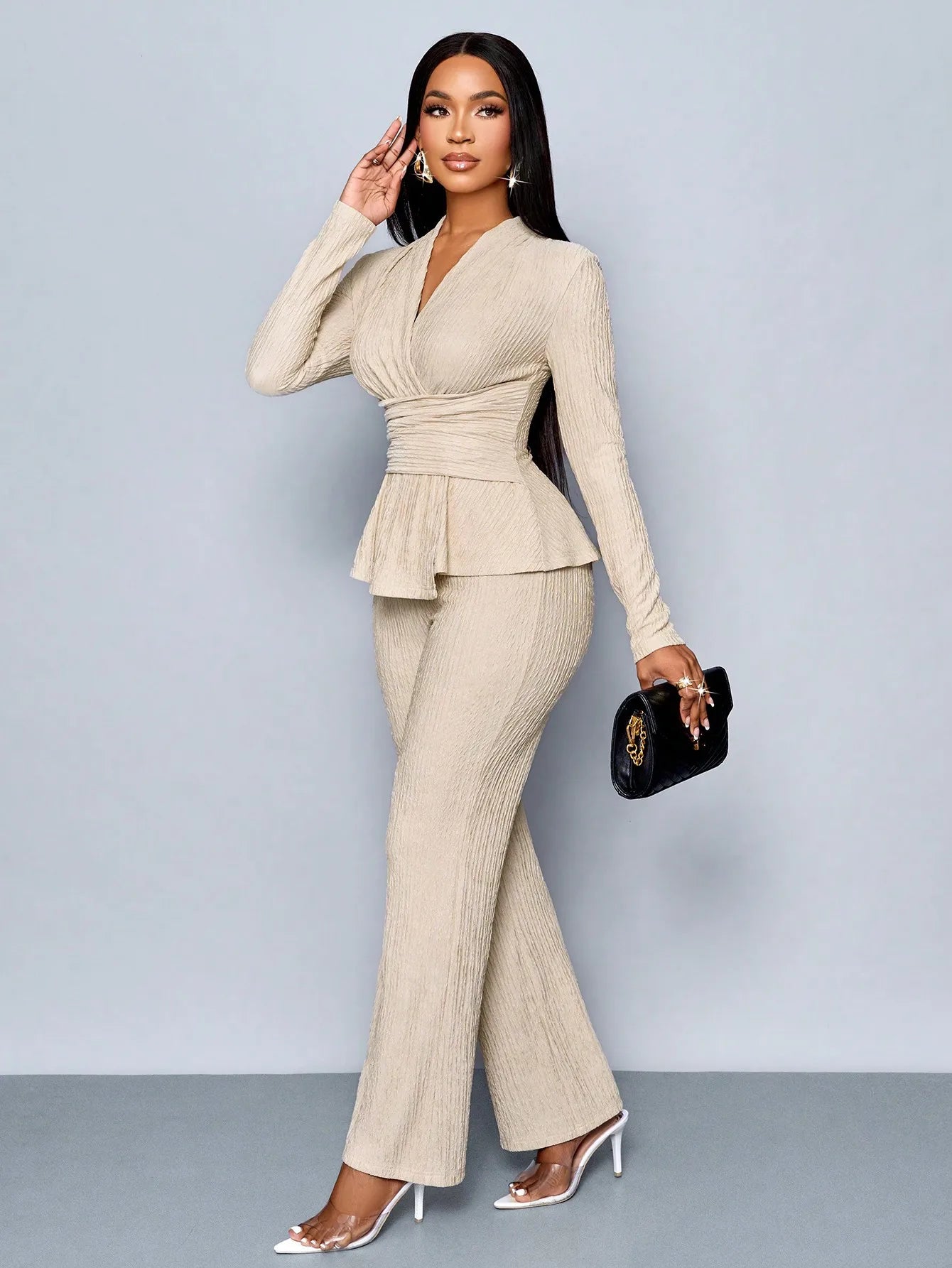 Women's V-neck Peplum Top & Wide Leg Pants Set