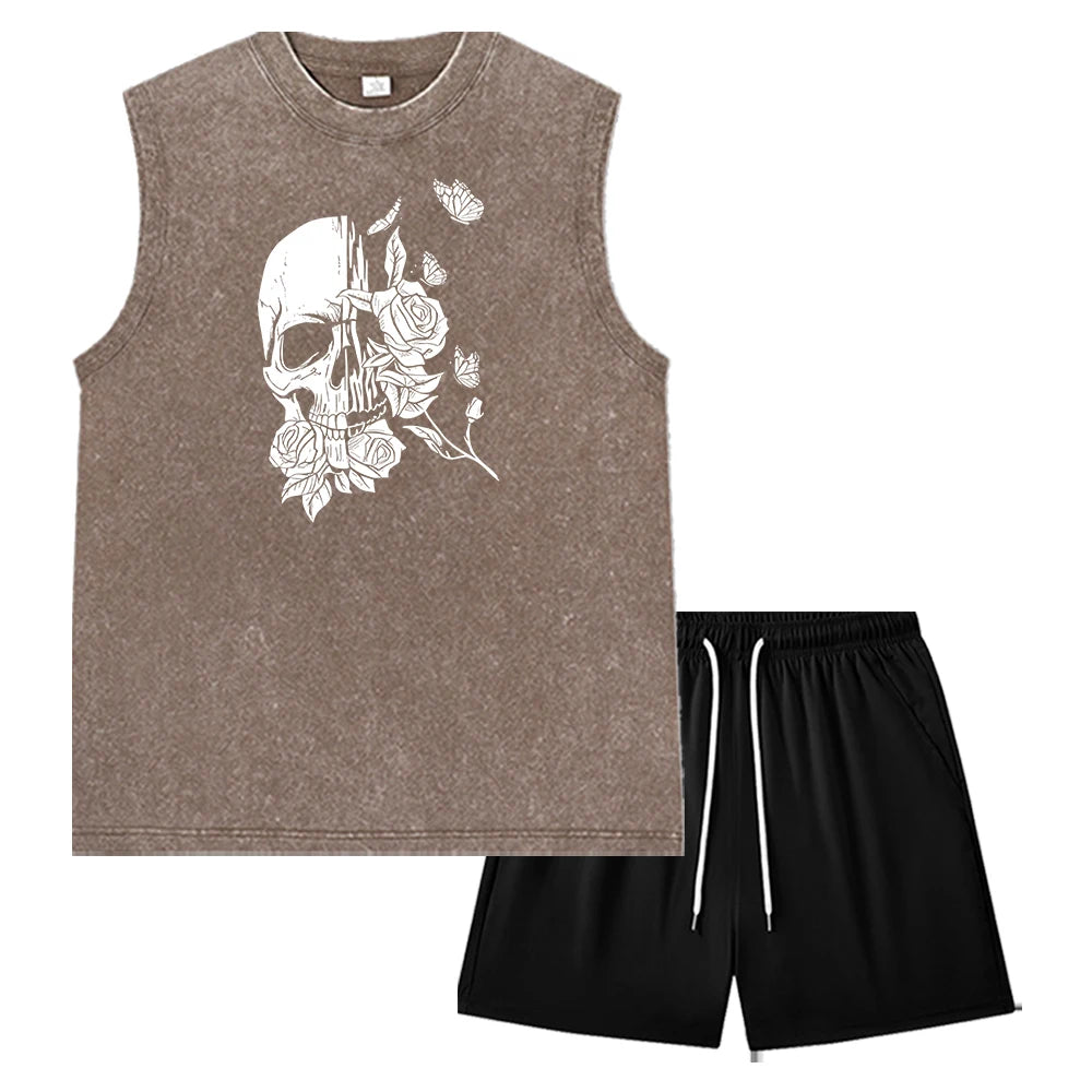 Summer Men's Casual Outfit Black Vintage Washed Tank Top & Quick Dry Double-Layer Beach Shorts Set Skull & Roses Graphic Print